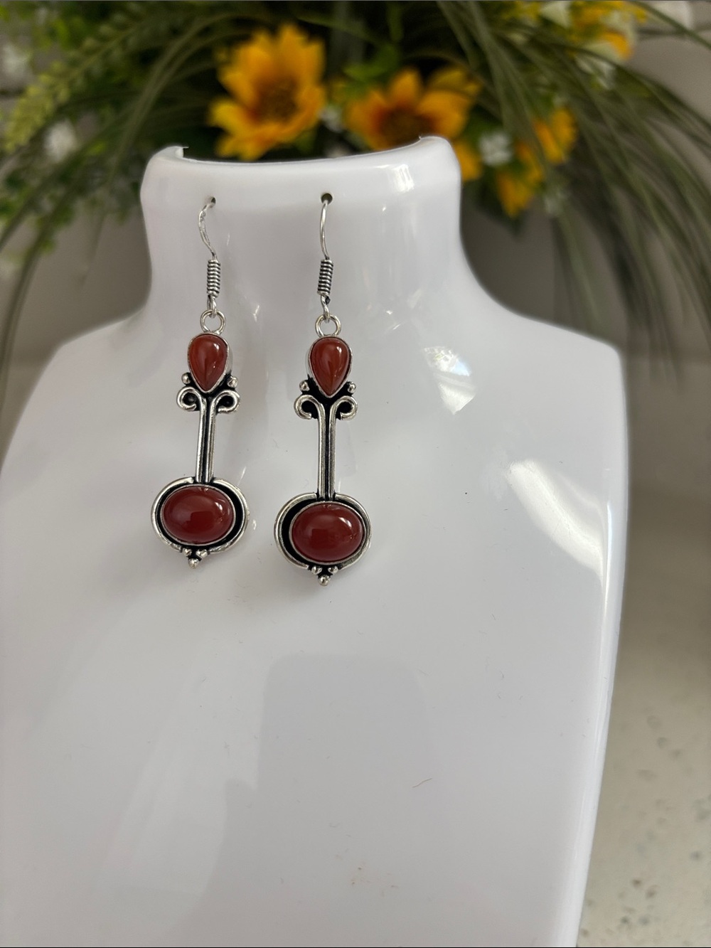 Silver Red Carnelian Gemstone Drop Dangle Earrings - Picture 3 of 8